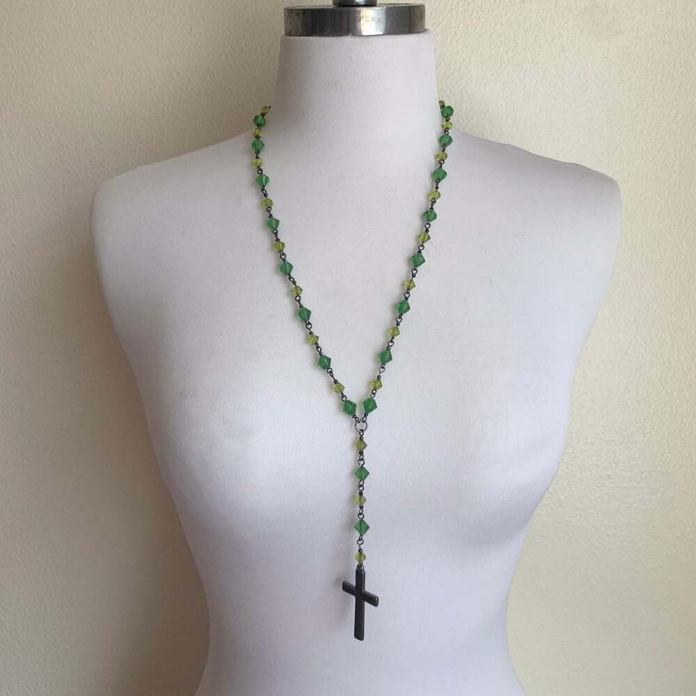 Green Beaded Rosary Statement Necklace